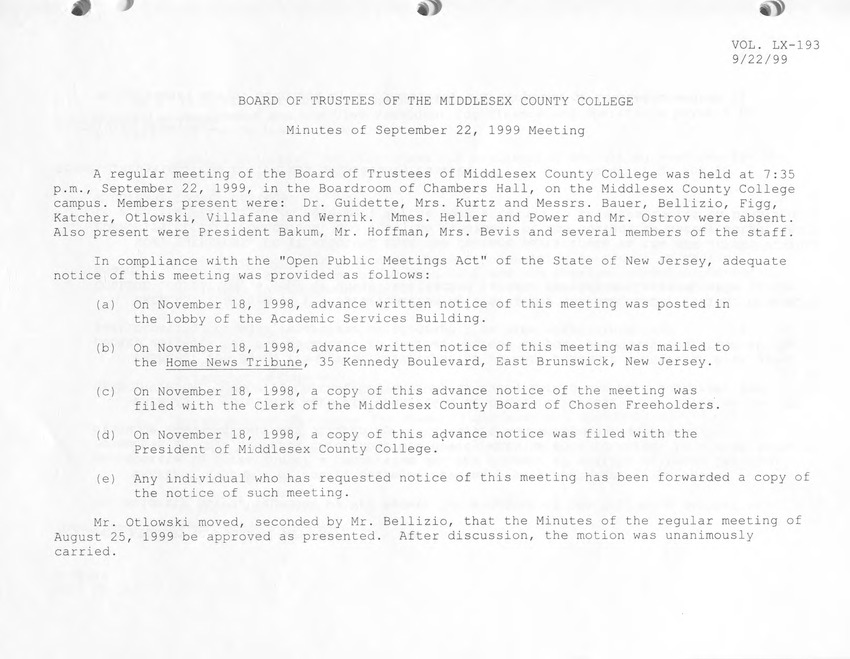 Board of Trustees Meeting Minutes - September 1999 - New Page
